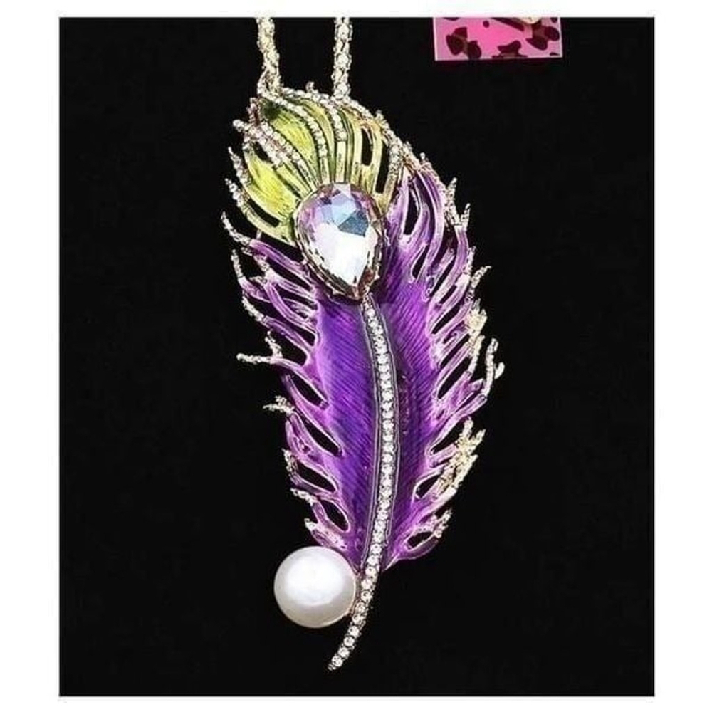 Betsey Johnson Purple and Green Feather Pendant Necklace with Pearl Accent - Picture 3 of 3